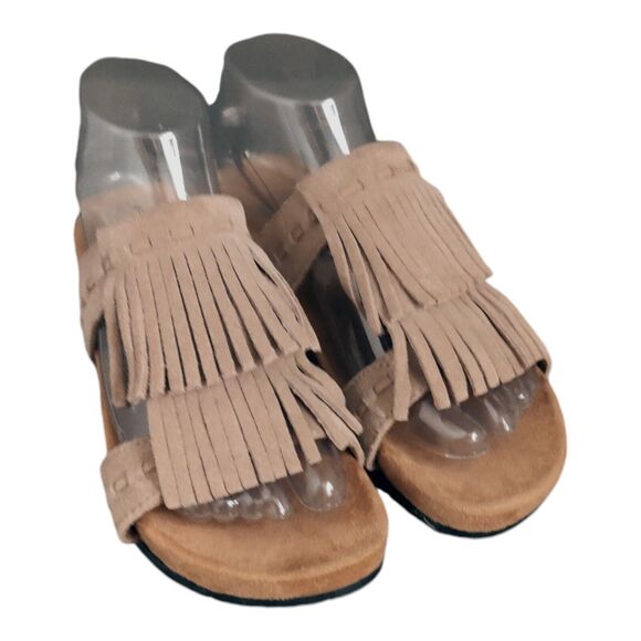 MINNETONKA Daisy Women's Fringe Slide Tan Leather Suede Sandal Slide On Size 6 - Picture 1 of 8